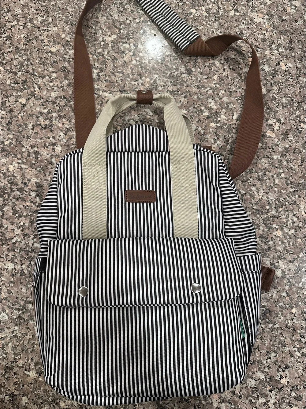 Babymel Black & White Striped Sling Backpack with Brown Strap
